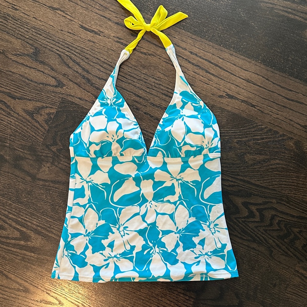 Athleta Turquoise White Floral Halter Swim Tank with Yellow Tie